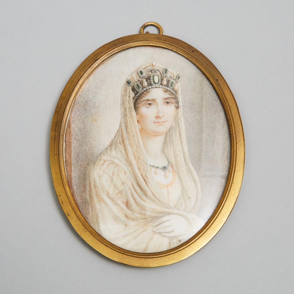 French School Portrait Miniature of Empress Joséphine de Beauharnais, 19th cneuty, 5 x 3.9 in — 12.7