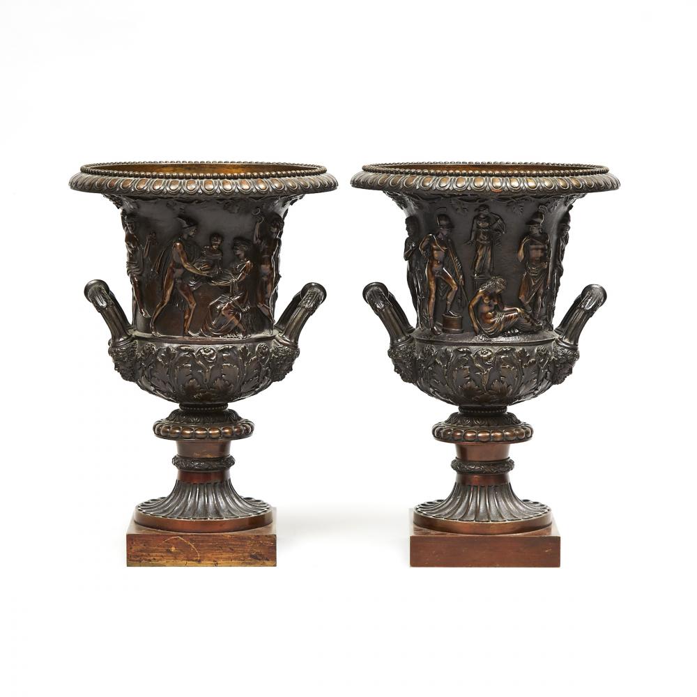 Pair of Italian Bronze Models of the Medici and Borghese Campana Vases, c.1900, height 13.6 in — 34. - Image 2 of 2