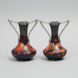 Pair of Moorcroft Pewter Mounted Two-Handled Pomegranate Vases, c.1925, height 6.5 in — 16.4 cm (2 P