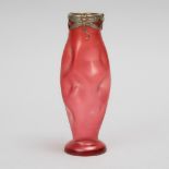 Bohemian Irridescent Red Glass Vase with Dragonfly Mounted Rim, c.1900, height 8.25 in — 21 cm