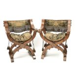 Pair of Italian Bone Inlaid Walnut Savonarola Chairs, 18th century, 34.5 x 28.5 x 20.5 in — 87.6 x 7