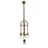 Victorian Renaissance Revival Gilt Bronze Five Light Hanging Fixture with Quezal Glass Shades, late