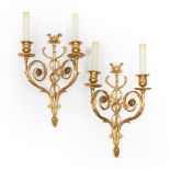 Pair of French Gilt Bronze Caduceus Form Two Light Wall Sconces, mid 20th century, overall height 18