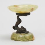 Miniature Italian Bronze and Onyx Dolphin Form Tazza, early 20th century, height 3.75 in — 9.5 cm