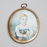 William Wood (British, 1768 1809), PORTRAIT MINIATURE OF MASTER J. WILLOUGHBY AND HIS DOG, 1798, 3.2
