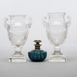Pair of Continental Cut Glass Vases and an Enameled and Gilt Blue Glass Perfume Bottle, late 19th ce