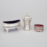 Two George III and Victorian Silver Salt Cellars and a Caster, London and Chester, 1796/1854/1896, c
