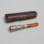 French Silver and Gold Mounted Amber Cheroot Holder, 19th century, length 3.75 in — 9.5 cm