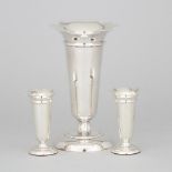 English Silver Garniture of Three Vases, Deakin & Francis, Birmingham, 1942, largest height 9 in — 2