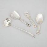 Danish Silver ‘Acorn’ Pattern Sauce Ladle, Sugar Shovel, Small Spoon and Fork, Johan Rohde for Georg