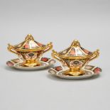 Pair of Royal Crown Derby 'Imari' (1128) Pattern Covered Sauce Tureens on Stands, 1974-79, stand wi