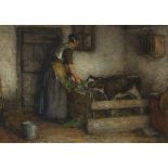 Johann Jan Zoetelief Tromp (1872-1947), PEASANT GIRL FEEDING THE CALF, Watercolour on heavy paper; s