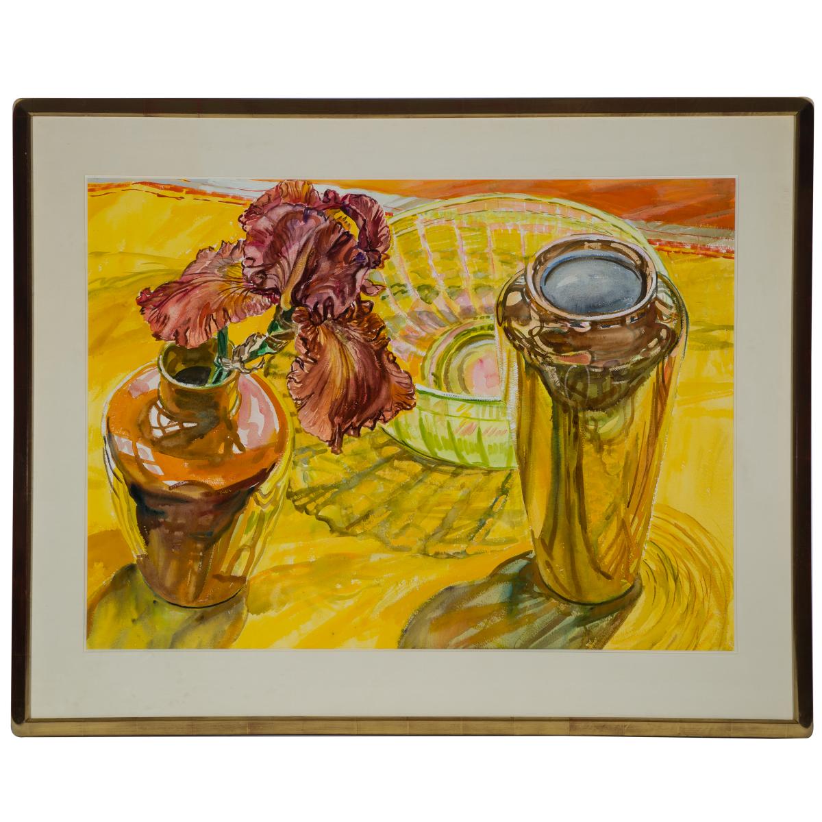 Janet Fish (1938- ), IRIS WITH GOLD VASE, 1987, Watercolour on paper; titled and dated 1987 to galle - Image 2 of 3