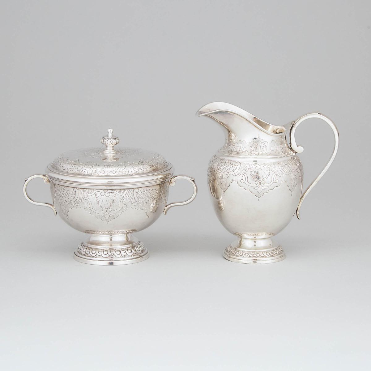 Portuguese Silver Cream Jug and Covered Sugar Basin, Porto, early 20th century, jug height 5.1 in —