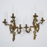 Large Pair of French Louis XV Rococo Style Gilt Bronze Three Light Wall Sconces, late 19th century,