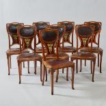 Set of Eight Louis Majorelle French Art Nouveau Ormolu Mounted Walnut and Rosewood Dining Chairs, 19