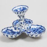 Bow Blue and White Triple Shell Sweetmeat Stand, c.1765, height 5 in — 12.7 cm