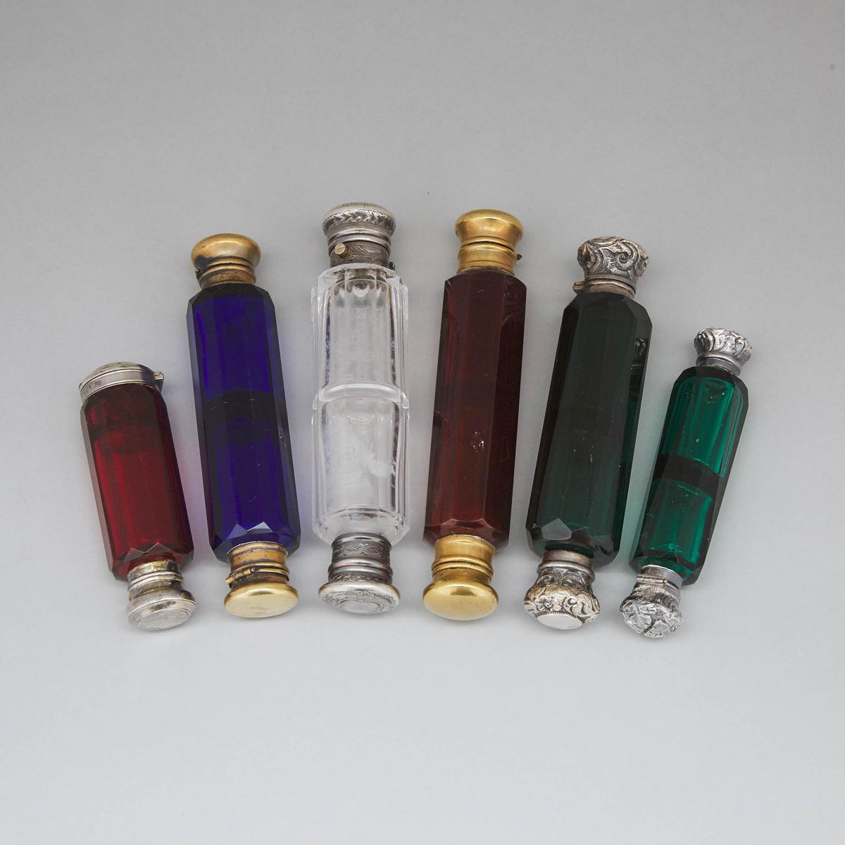 Six Silver and Metal Mounted Red, Green, Blue and Clear Cut Glass Double-Ended Perfume Phials, late