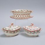 Pair of Spode Creamware Sauce Tureens and an Oval Basket on Stand, c.1810, stand length 9.2 in — 23.