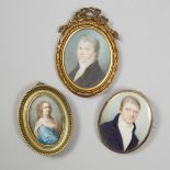 Three Portrait Miniatures, early 19th century, tallest height 3.5 in — 8.9 cm (3 Pieces)