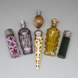 Six Silver and Metal Mounted Coloured, Cut and Enameled Glass Perfume Bottles and Phials, late 19th/