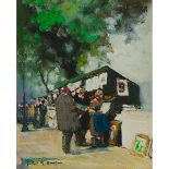 Jules René Hervé (1887-1981), LES BOUQUINISTES SUR LES QUAIS, PARIS, Oil and ink wash on canvasboard