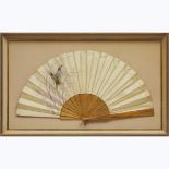 Frame Cased Large French Painted Silk Fan, mid 20th century, fan width 25 in — 63.5 cm; 19 x 31 in —