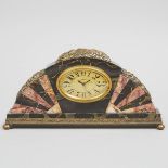 French Art Deco Ormolu Mounted Marble Boudoir Clock with Alarm, c.1925, 5.25 x 10.5 in — 13.3 x 26.7