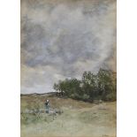 Anton Mauve (1838-1888), SHEPHERD GIRL AND SHEEP IN A FIELD, Watercolour on paper; signed lower righ