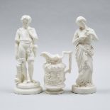 Pair of English Parian Figures of 'Peace' and Companion, and a Naturalistic Style Jug, mid-19th cent