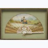 Frame Cased French Painted Linen Fan, early 20th century, fan width 16.5 in — 41.9 cm; 13.75 x 20.75