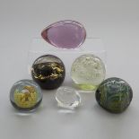 Six Various Glass Paperweights, 20th century, largest length 5.1 in — 13 cm (6 Pieces)