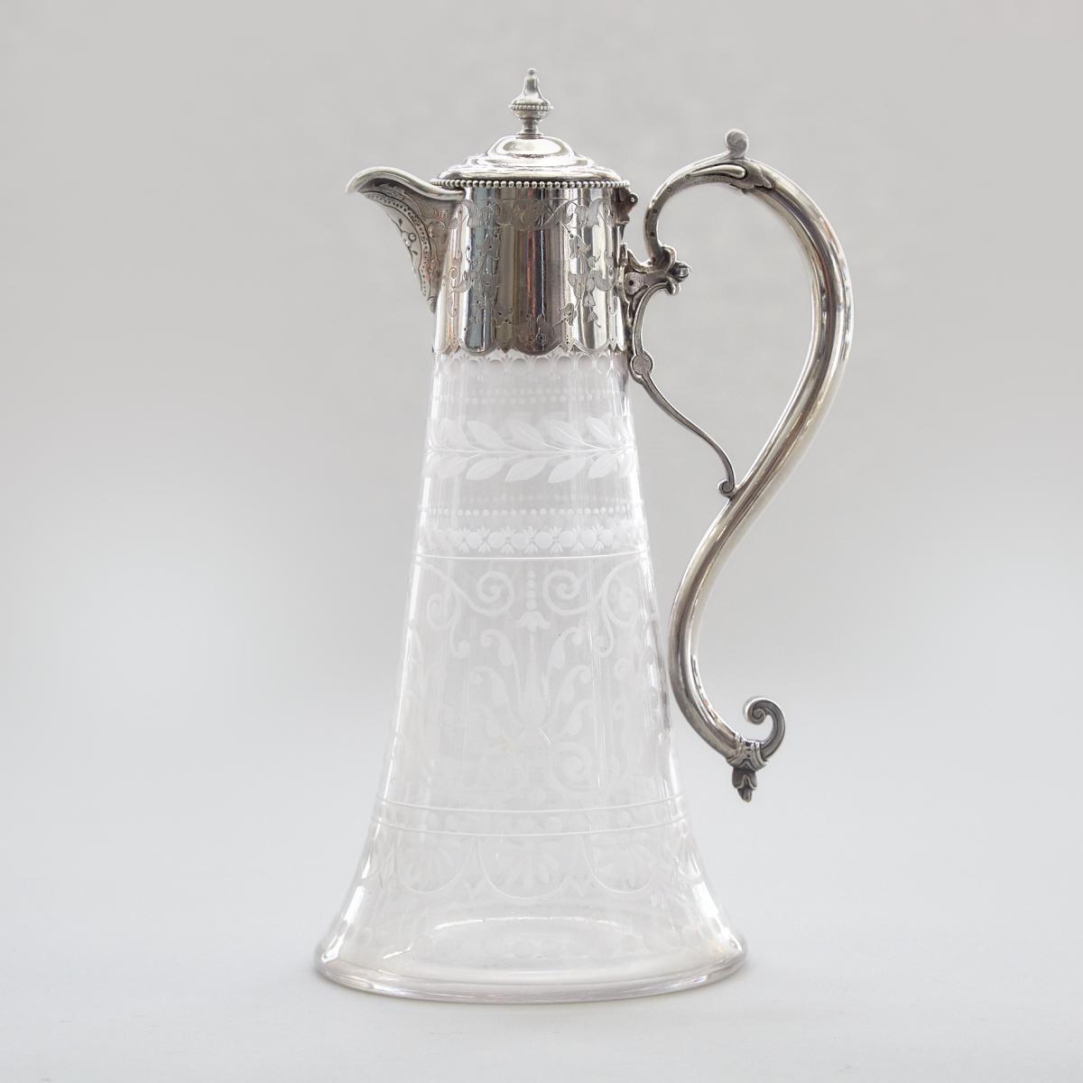 Victorian Silver Mounted Engraved Glass Claret Jug, George Richards & Edward Brown, London, 1868, he