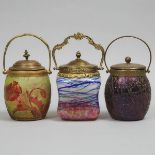 Three Gilt Metal Mounted Bohemian Glass Biscuit Barrels, c.1900, approx. overall height 9.8 in — 25