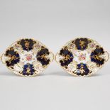 Pair of Chelsea Flower Painted Blue and Gilt Paneled Shaped and Moulded Oval Dishes, c.1760, length