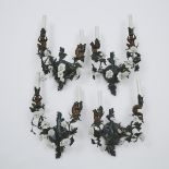 Set of Four French Vincennes Porcelain and Ormolu Mounted Tôle Peinte Wall Sconces, mid 20th century