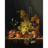 Edward Ladell (1821–1886), STILL LIFE OF FRUIT IN A BASKET BY A GOBLET ON A LEDGE, Oil on canvas; si