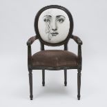 Louis XIV Style Ebonized Fauteuil with Fornasetti Upholstery, 20th century, height 39 in — 99.1 cm