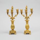 Pair of French Empire Style GIlt Bronze Three Light Candelabra, 19th/early 20th century, height 12.5