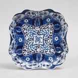 Worcester Blue Painted 'K'ang Hsi Lotus' Pattern Square Dish, c.1770-75, width 9.4 in — 24 cm