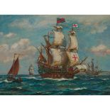 Bernard Emmanuel Finnigan Gribble (1872-1962), BRITISH SHIPS DEPARTING OFF THE COAST, Oil on canvas