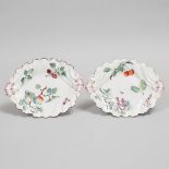 Pair of Chelsea Fruit Painted Shaped and Moulded Oval Dishes, c.1755, length 9.8 in — 25 cm (2 Piece