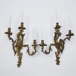 Large Pair of French Louis XV Rococo Style Gilt Bronze Three Light Wall Sconces, late 19th century,