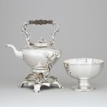 Silver Plated Tea Kettle on Lampstand and a Footed Bowl, 20th century, kettle height 14.2 in — 36 cm