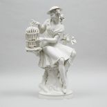 Rosenthal White Glazed Large Figure, 'Vöglein Flieg', of a Seated Woman with Caged Bird, Hugo Meisel