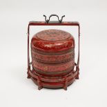Large Chinese Red Lacquer Wedding Basket on Stand, 20th century, 23 x 20.2 x 19.2 in — 58.4 x 51.3 x