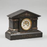 French Belgian Black Slate and Marble Mantel Clock. c.1880, 11.2 x 14 x 5.8 in — 28.4 x 35.6 x 14.7