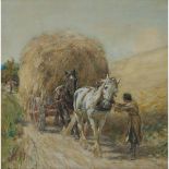 Nathaniel Hughes John Baird (1865-1936), HORSES WITH HAYCART; FARMER ADJUSTING THE HARNESS OF THE PL