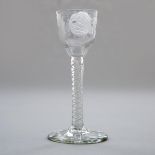 Jacobite Engraved Opaque Twist Stemmed Wine Glass, c.1765, height 5.3 in — 13.5 cm