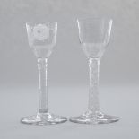Jacobite Engraved Opaque Twist Stemmed Wine Glass and a Fluted Wine Glass, c.1765, height 5.3 in — 1